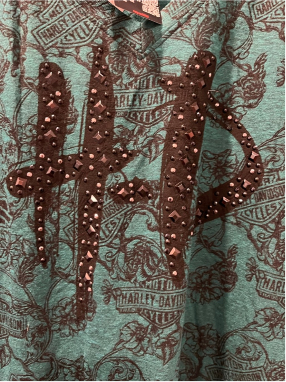 NWT Harley Davidson Skull Women 2X Burned Identity Studded V-Neck Tee Teal Green - Picture 11 of 11